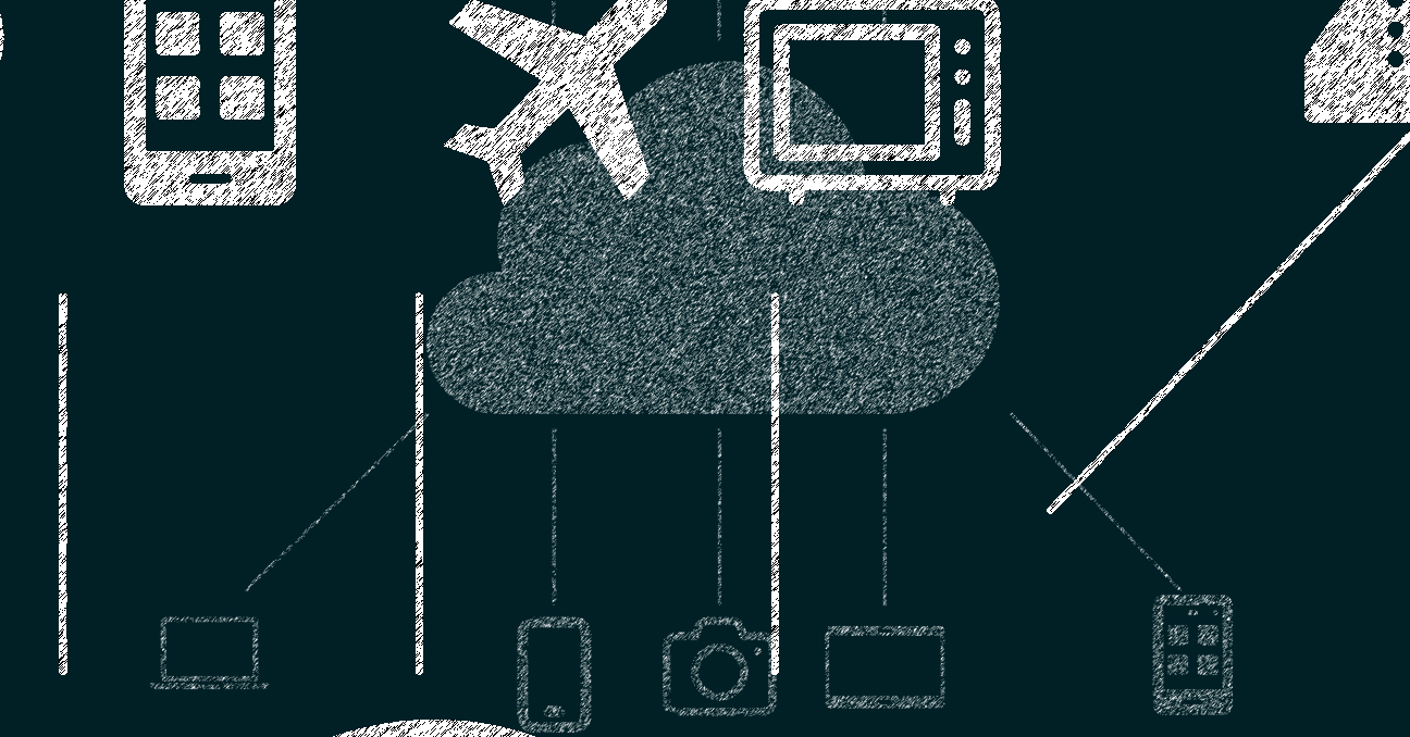Sobre fondo aparecen varios dispositivos electrónicos como pantallas de computadora, celulares, cámaras... y por encima una nube y un avión. 